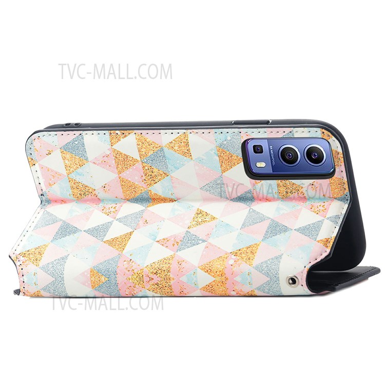 CASENEO 001 Series Automatic Closing RFID Blocking Function Pattern Printing Leather Wallet Drop-proof Phone Stand Cover for vivo Y72 5G - Nordic Style Rhombus-8