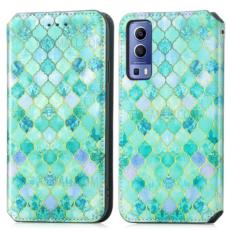 CASENEO 001 Series Automatic Closing RFID Blocking Function Pattern Printing Leather Wallet Drop-proof Phone Stand Cover for vivo Y72 5G - Emerald-1