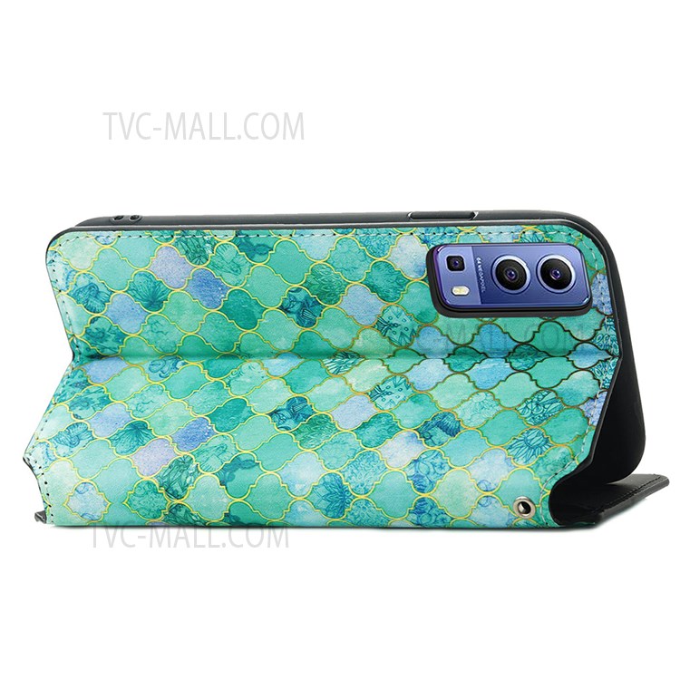 CASENEO 001 Series Automatic Closing RFID Blocking Function Pattern Printing Leather Wallet Drop-proof Phone Stand Cover for vivo Y72 5G - Emerald-11