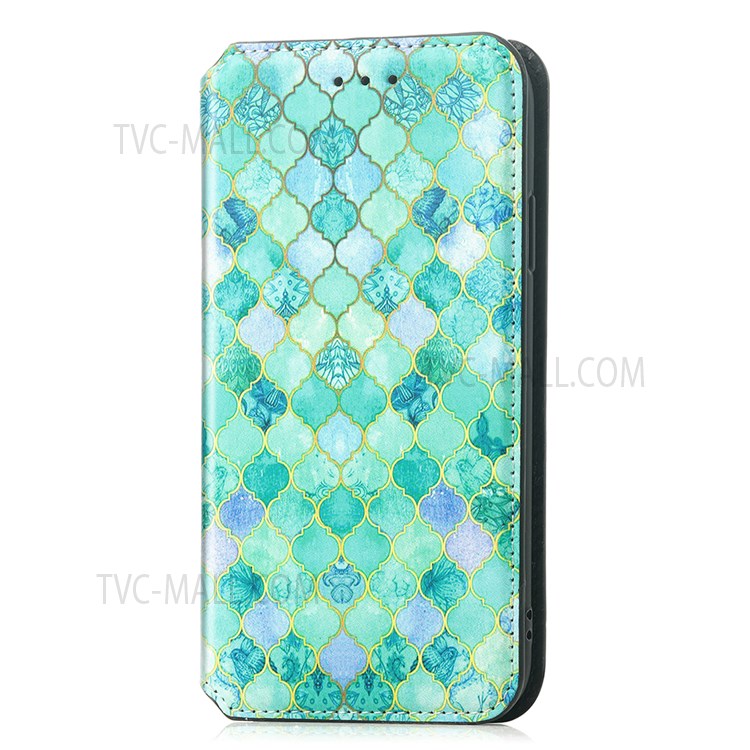 CASENEO 001 Series Automatic Closing RFID Blocking Function Pattern Printing Leather Wallet Drop-proof Phone Stand Cover for vivo Y72 5G - Emerald-13