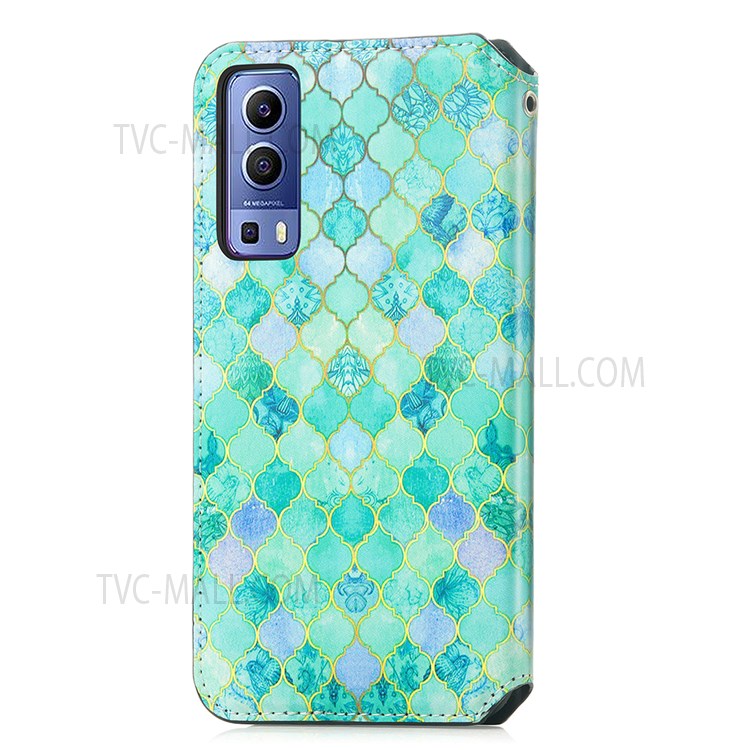 CASENEO 001 Series Automatic Closing RFID Blocking Function Pattern Printing Leather Wallet Drop-proof Phone Stand Cover for vivo Y72 5G - Emerald-14