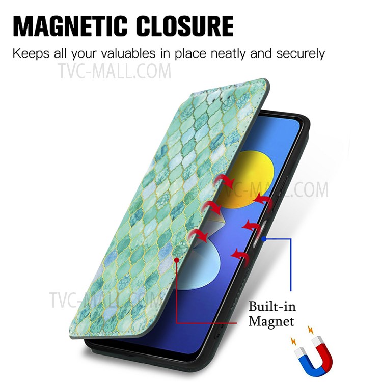 CASENEO 001 Series Automatic Closing RFID Blocking Function Pattern Printing Leather Wallet Drop-proof Phone Stand Cover for vivo Y72 5G - Emerald-2