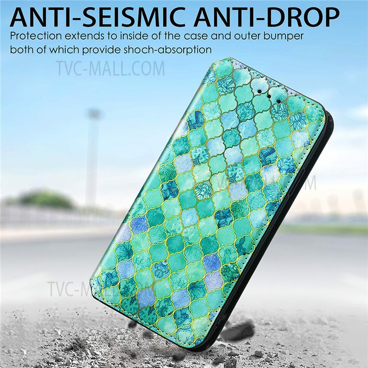 CASENEO 001 Series Automatic Closing RFID Blocking Function Pattern Printing Leather Wallet Drop-proof Phone Stand Cover for vivo Y72 5G - Emerald-3