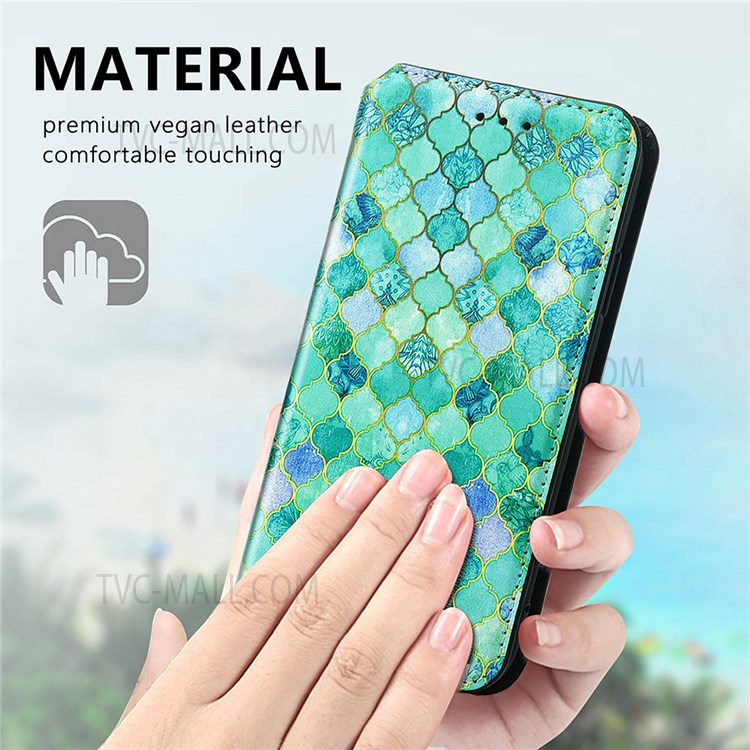 CASENEO 001 Series Automatic Closing RFID Blocking Function Pattern Printing Leather Wallet Drop-proof Phone Stand Cover for vivo Y72 5G - Emerald-4