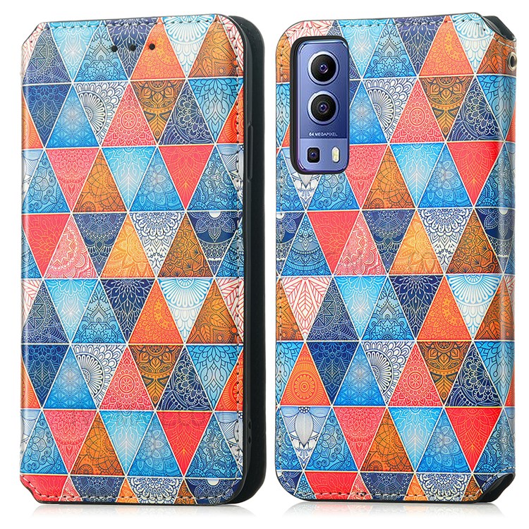 CASENEO 001 Series Automatic Closing RFID Blocking Function Pattern Printing Leather Wallet Drop-proof Phone Stand Cover for vivo Y72 5G - Rhombus/Mandala-1