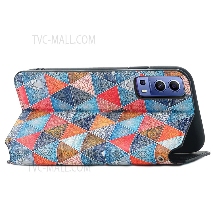 CASENEO 001 Series Automatic Closing RFID Blocking Function Pattern Printing Leather Wallet Drop-proof Phone Stand Cover for vivo Y72 5G - Rhombus/Mandala-10