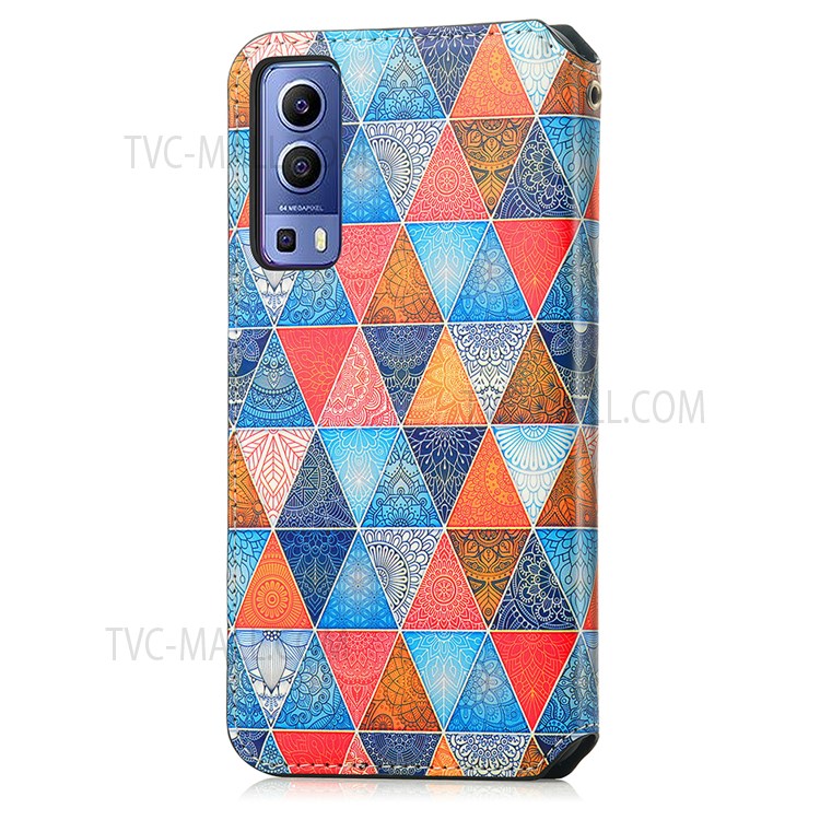 CASENEO 001 Series Automatic Closing RFID Blocking Function Pattern Printing Leather Wallet Drop-proof Phone Stand Cover for vivo Y72 5G - Rhombus/Mandala-14