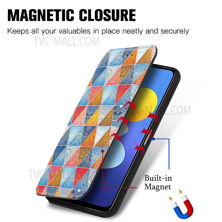 CASENEO 001 Series Automatic Closing RFID Blocking Function Pattern Printing Leather Wallet Drop-proof Phone Stand Cover for vivo Y72 5G - Rhombus/Mandala-2