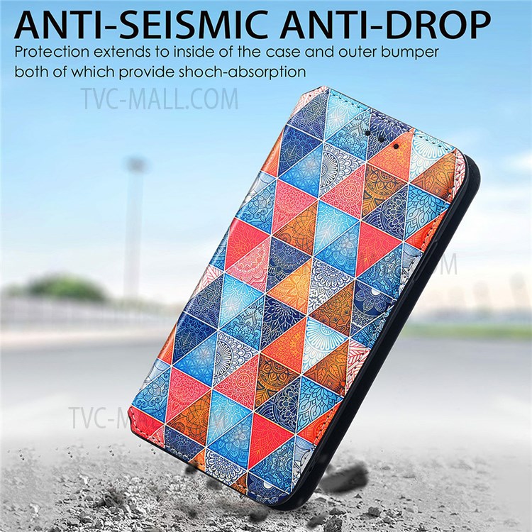 CASENEO 001 Series Automatic Closing RFID Blocking Function Pattern Printing Leather Wallet Drop-proof Phone Stand Cover for vivo Y72 5G - Rhombus/Mandala-3