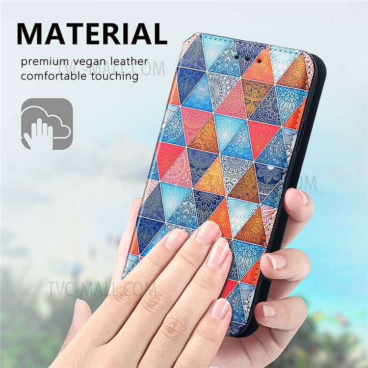 CASENEO 001 Series Automatic Closing RFID Blocking Function Pattern Printing Leather Wallet Drop-proof Phone Stand Cover for vivo Y72 5G - Rhombus/Mandala-4