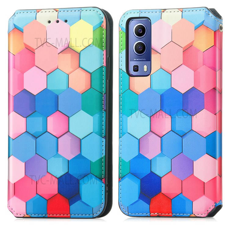 CASENEO 001 Series Automatic Closing RFID Blocking Function Pattern Printing Leather Wallet Drop-proof Phone Stand Cover for vivo Y72 5G - Colorful Honeycomb-1