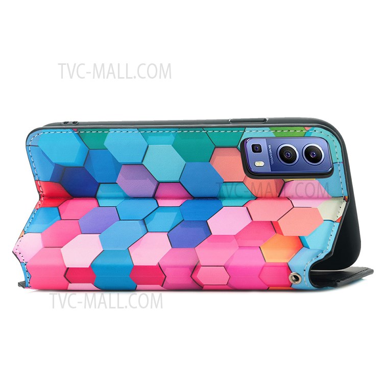 CASENEO 001 Series Automatic Closing RFID Blocking Function Pattern Printing Leather Wallet Drop-proof Phone Stand Cover for vivo Y72 5G - Colorful Honeycomb-11