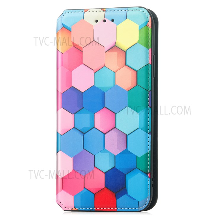 CASENEO 001 Series Automatic Closing RFID Blocking Function Pattern Printing Leather Wallet Drop-proof Phone Stand Cover for vivo Y72 5G - Colorful Honeycomb-13