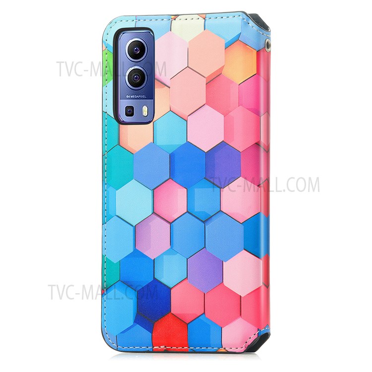 CASENEO 001 Series Automatic Closing RFID Blocking Function Pattern Printing Leather Wallet Drop-proof Phone Stand Cover for vivo Y72 5G - Colorful Honeycomb-14