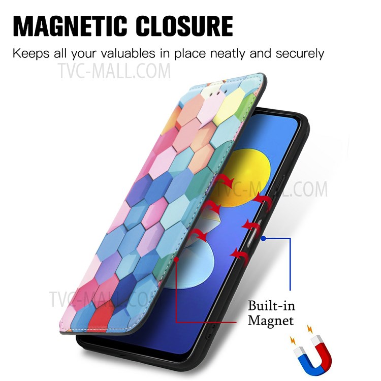 CASENEO 001 Series Automatic Closing RFID Blocking Function Pattern Printing Leather Wallet Drop-proof Phone Stand Cover for vivo Y72 5G - Colorful Honeycomb-2