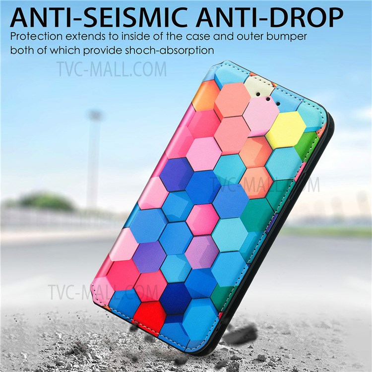 CASENEO 001 Series Automatic Closing RFID Blocking Function Pattern Printing Leather Wallet Drop-proof Phone Stand Cover for vivo Y72 5G - Colorful Honeycomb-3