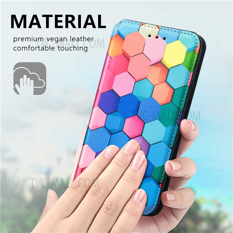 CASENEO 001 Series Automatic Closing RFID Blocking Function Pattern Printing Leather Wallet Drop-proof Phone Stand Cover for vivo Y72 5G - Colorful Honeycomb-4