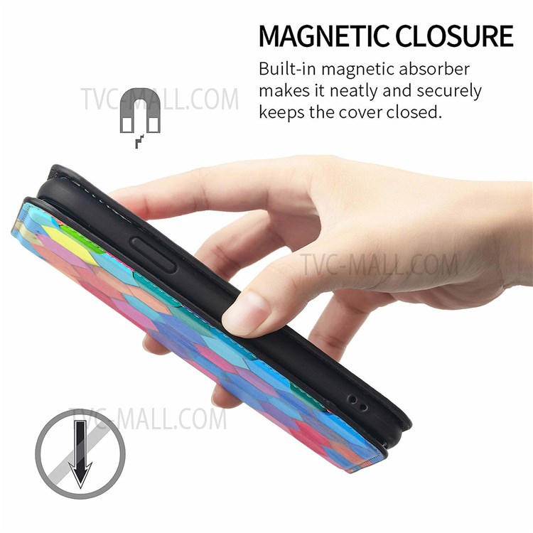 CASENEO 001 Series Automatic Closing RFID Blocking Function Pattern Printing Leather Wallet Drop-proof Phone Stand Cover for vivo Y72 5G - Colorful Honeycomb-5