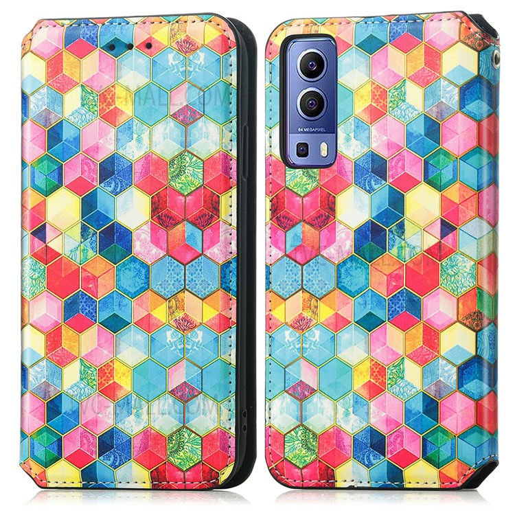 CASENEO 001 Series Automatic Closing RFID Blocking Function Pattern Printing Leather Wallet Drop-proof Phone Stand Cover for vivo Y72 5G - Magic Space-1