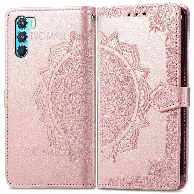 Stand Function PU Leather Phone Case Mandala Embossed Wallet Flip Shockproof Protective Cover with Strap for Oppo K9 Pro - Rose Gold-1
