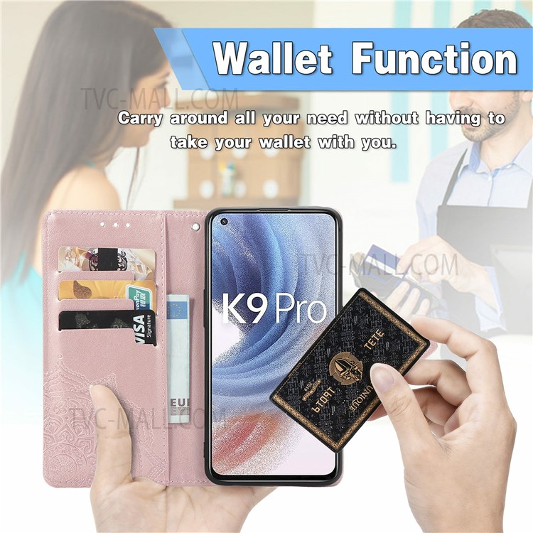 Stand Function PU Leather Phone Case Mandala Embossed Wallet Flip Shockproof Protective Cover with Strap for Oppo K9 Pro - Rose Gold-3