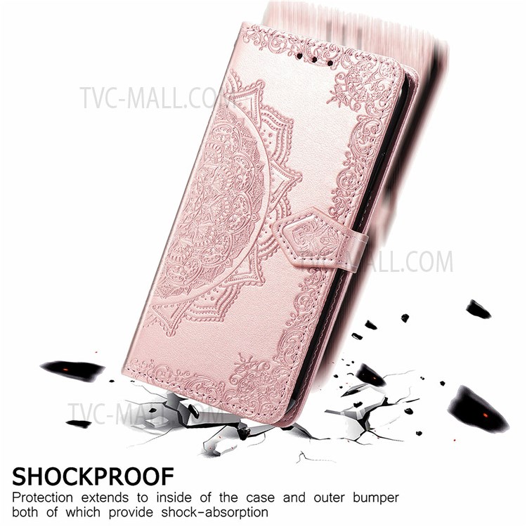 Stand Function PU Leather Phone Case Mandala Embossed Wallet Flip Shockproof Protective Cover with Strap for Oppo K9 Pro - Rose Gold-4