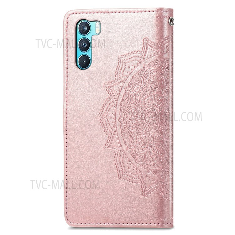 Stand Function PU Leather Phone Case Mandala Embossed Wallet Flip Shockproof Protective Cover with Strap for Oppo K9 Pro - Rose Gold-7