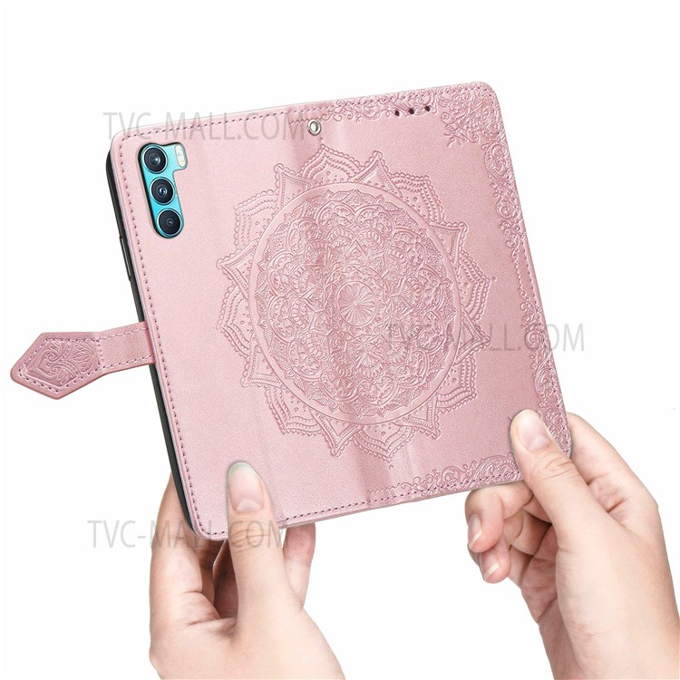 Stand Function PU Leather Phone Case Mandala Embossed Wallet Flip Shockproof Protective Cover with Strap for Oppo K9 Pro - Rose Gold-8
