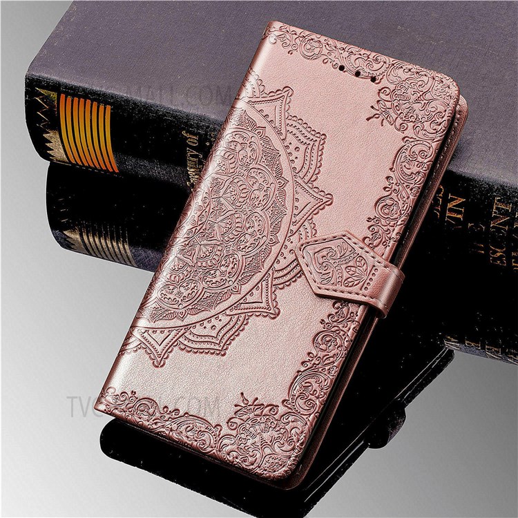Stand Function PU Leather Phone Case Mandala Embossed Wallet Flip Shockproof Protective Cover with Strap for Oppo K9 Pro - Rose Gold-9