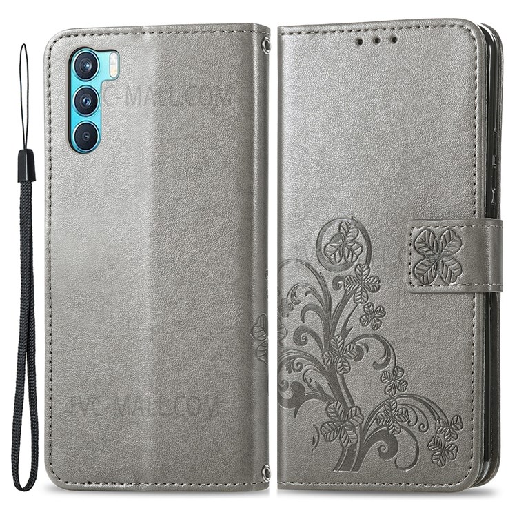 PU Leather Wallet Case Imprinted Four-leaf Clover Stand Flip Fold Cover with Wrist Strap for Oppo K9 Pro - Grey-1