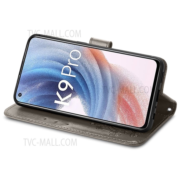 PU Leather Wallet Case Imprinted Four-leaf Clover Stand Flip Fold Cover with Wrist Strap for Oppo K9 Pro - Grey-10
