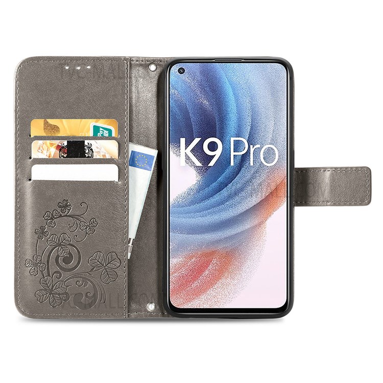 PU Leather Wallet Case Imprinted Four-leaf Clover Stand Flip Fold Cover with Wrist Strap for Oppo K9 Pro - Grey-11