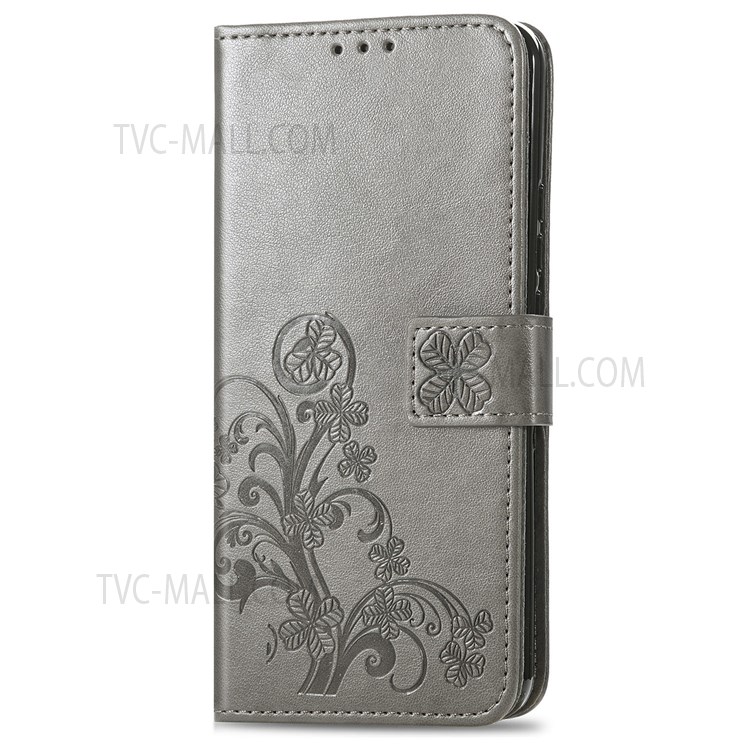 PU Leather Wallet Case Imprinted Four-leaf Clover Stand Flip Fold Cover with Wrist Strap for Oppo K9 Pro - Grey-12