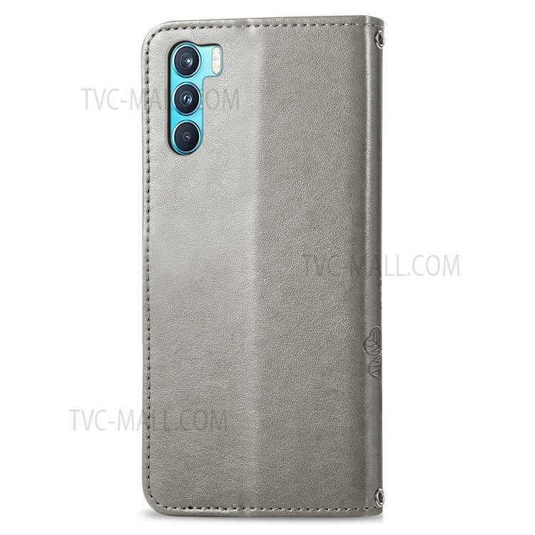 PU Leather Wallet Case Imprinted Four-leaf Clover Stand Flip Fold Cover with Wrist Strap for Oppo K9 Pro - Grey-13