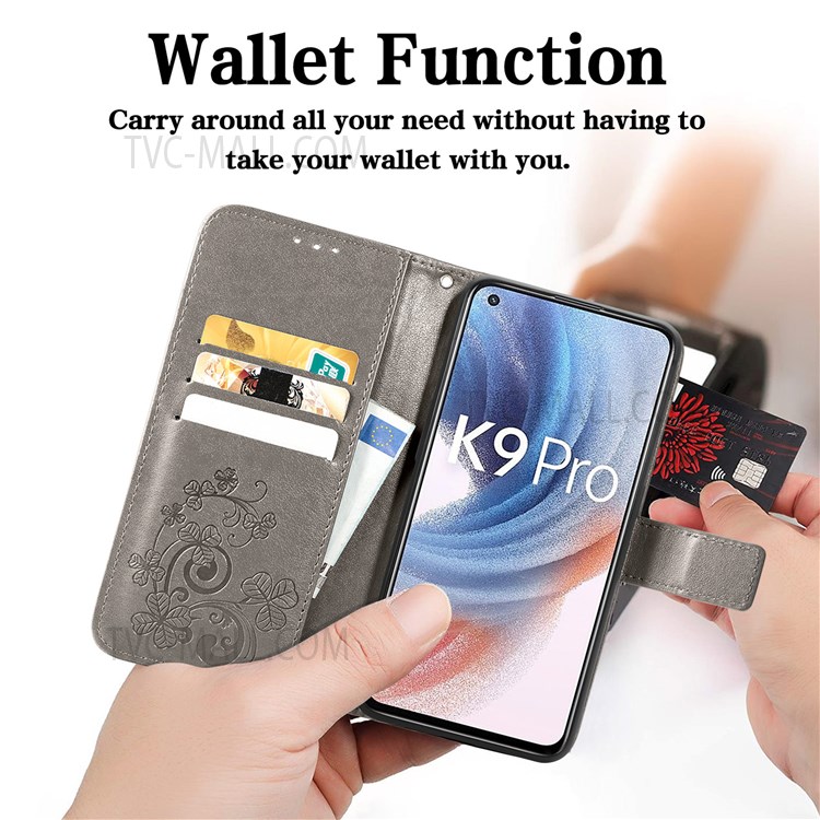 PU Leather Wallet Case Imprinted Four-leaf Clover Stand Flip Fold Cover with Wrist Strap for Oppo K9 Pro - Grey-3