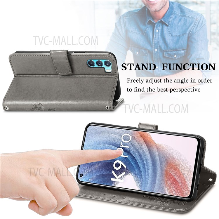 PU Leather Wallet Case Imprinted Four-leaf Clover Stand Flip Fold Cover with Wrist Strap for Oppo K9 Pro - Grey-4