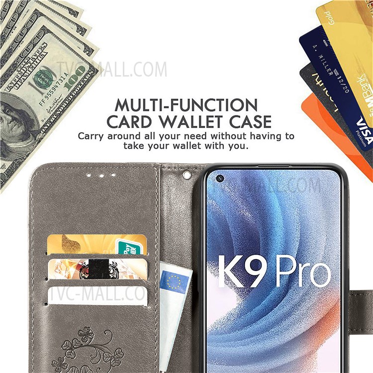 PU Leather Wallet Case Imprinted Four-leaf Clover Stand Flip Fold Cover with Wrist Strap for Oppo K9 Pro - Grey-5