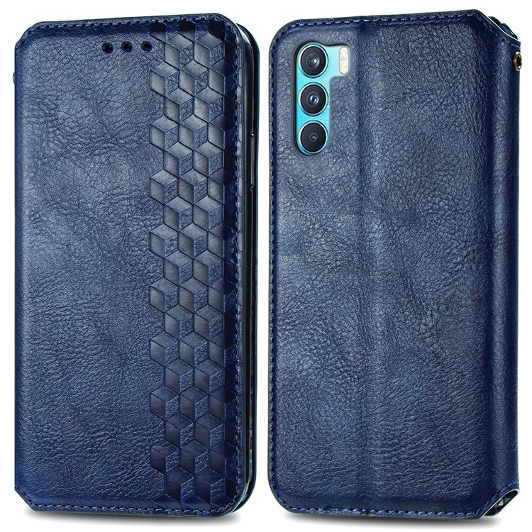 Stand Wallet Rhombus Imprinted Magnet Auto Closing Phone Cover Leather Case for Oppo K9 Pro - Blue-1