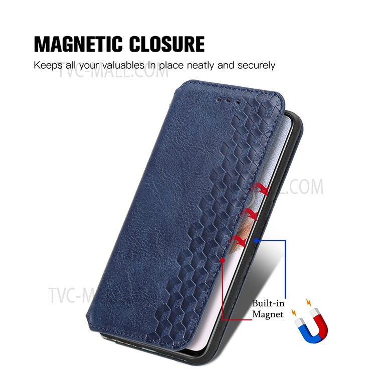 Stand Wallet Rhombus Imprinted Magnet Auto Closing Phone Cover Leather Case for Oppo K9 Pro - Blue-2