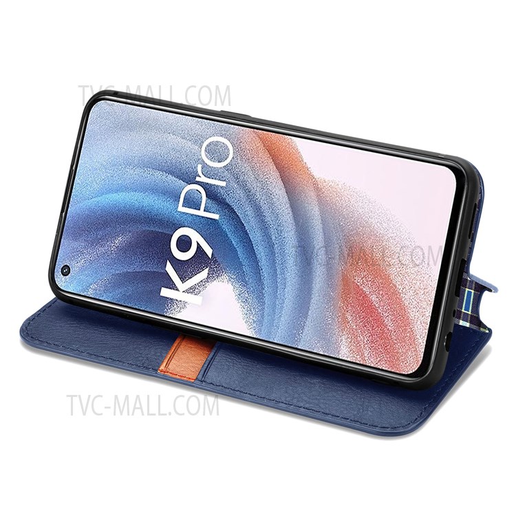 Stand Wallet Rhombus Imprinted Magnet Auto Closing Phone Cover Leather Case for Oppo K9 Pro - Blue-3