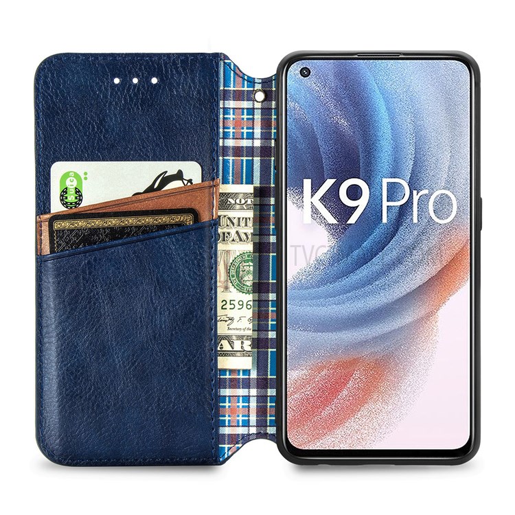 Stand Wallet Rhombus Imprinted Magnet Auto Closing Phone Cover Leather Case for Oppo K9 Pro - Blue-4