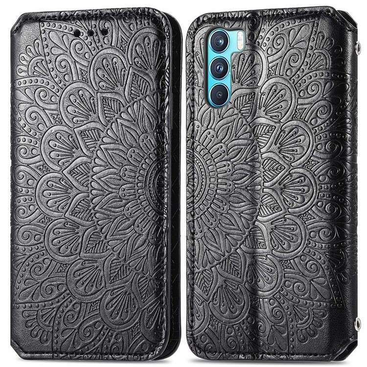 Auto Closing Magnetic Flip PU Leather Wallet Case Stand Mandala Imprinted Protective Cover for Oppo K9 Pro - Black-1