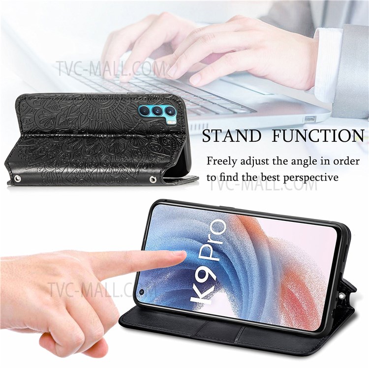 Auto Closing Magnetic Flip PU Leather Wallet Case Stand Mandala Imprinted Protective Cover for Oppo K9 Pro - Black-2