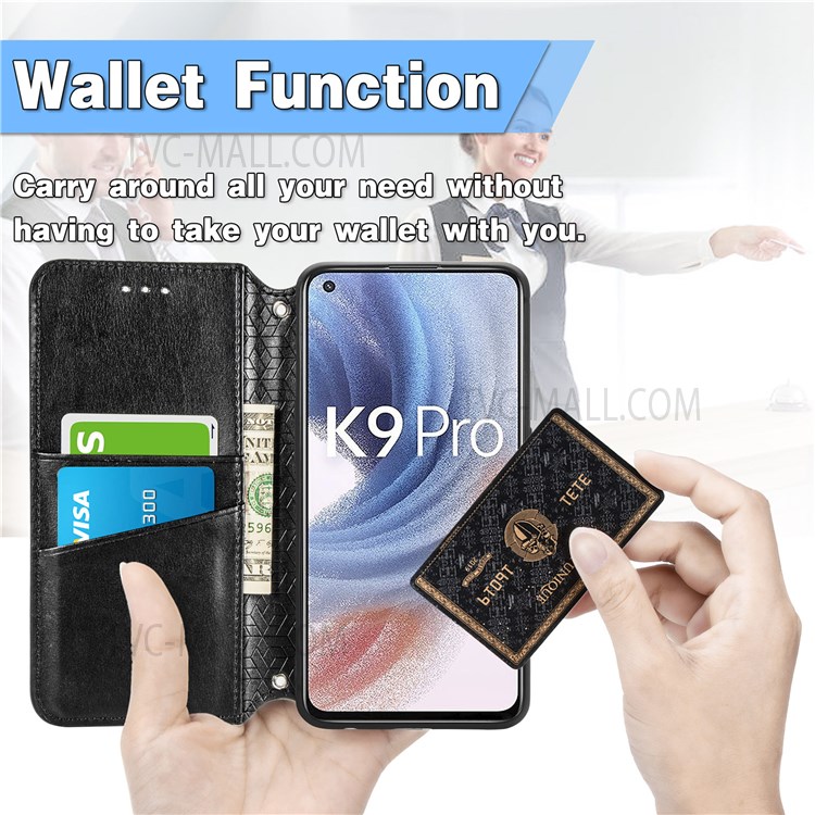 Auto Closing Magnetic Flip PU Leather Wallet Case Stand Mandala Imprinted Protective Cover for Oppo K9 Pro - Black-3
