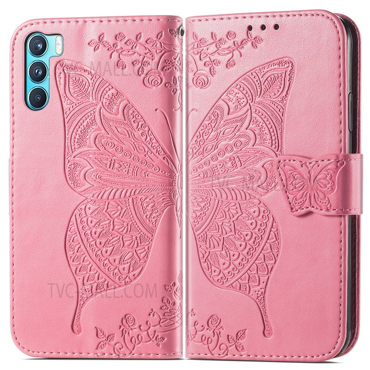 Butterfly Flower Imprinted Wallet Flip PU Leather Cover Magnetic Clasp Stand Phone Case with Strap for Oppo K9 Pro - Pink-1