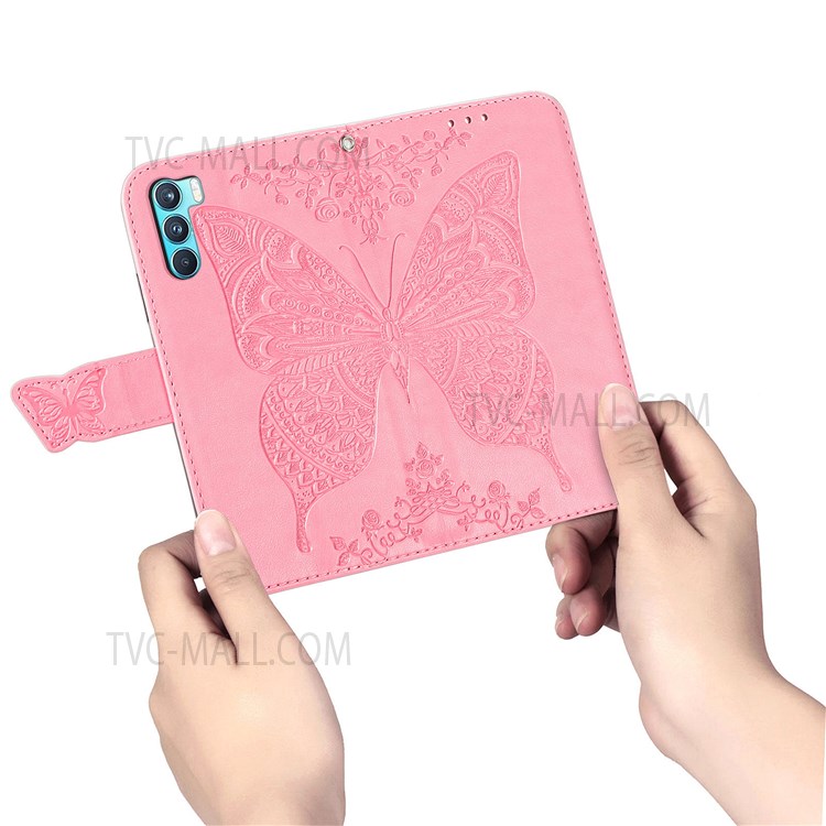 Butterfly Flower Imprinted Wallet Flip PU Leather Cover Magnetic Clasp Stand Phone Case with Strap for Oppo K9 Pro - Pink-10