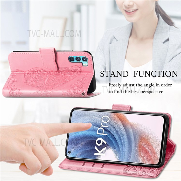 Butterfly Flower Imprinted Wallet Flip PU Leather Cover Magnetic Clasp Stand Phone Case with Strap for Oppo K9 Pro - Pink-2