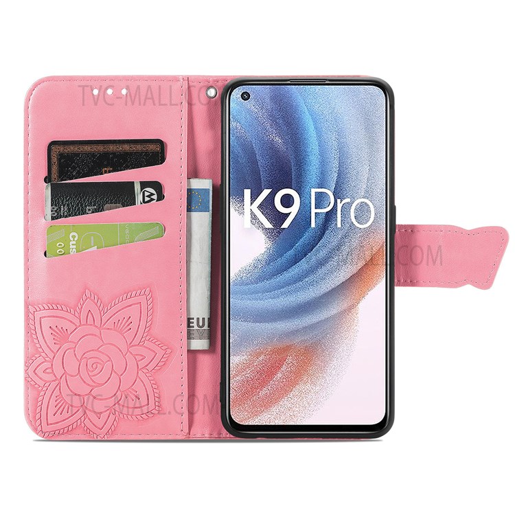 Butterfly Flower Imprinted Wallet Flip PU Leather Cover Magnetic Clasp Stand Phone Case with Strap for Oppo K9 Pro - Pink-3