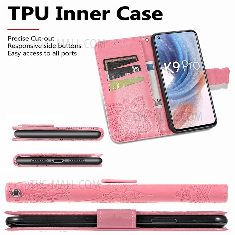 Butterfly Flower Imprinted Wallet Flip PU Leather Cover Magnetic Clasp Stand Phone Case with Strap for Oppo K9 Pro - Pink-4
