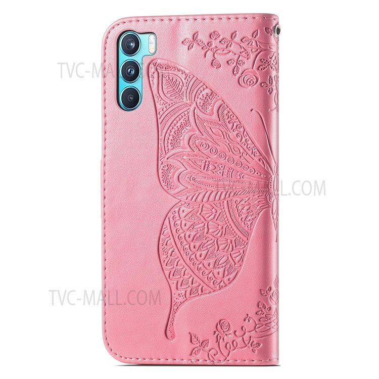 Butterfly Flower Imprinted Wallet Flip PU Leather Cover Magnetic Clasp Stand Phone Case with Strap for Oppo K9 Pro - Pink-9